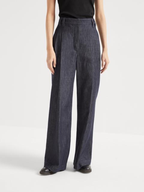 Brunello Cucinelli Denim-effect twill smart wide trousers with monili
