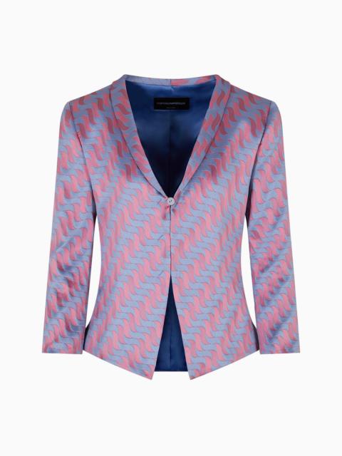 Two-tone wave-motif jacquard jacket with shawl collar