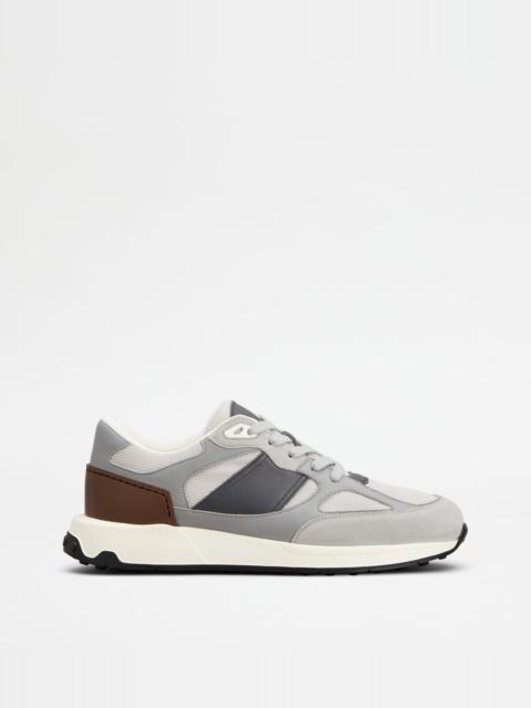 Tod's SNEAKERS IN LEATHER AND FABRIC - GREY, BROWN