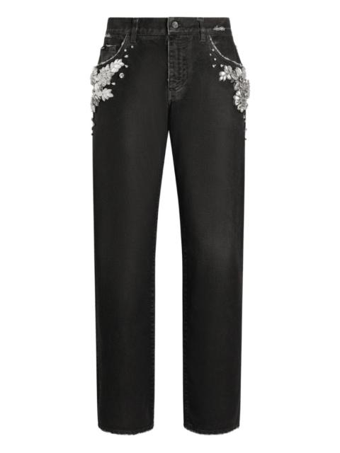 Dolce & Gabbana embroidered crystal-embellished jeans