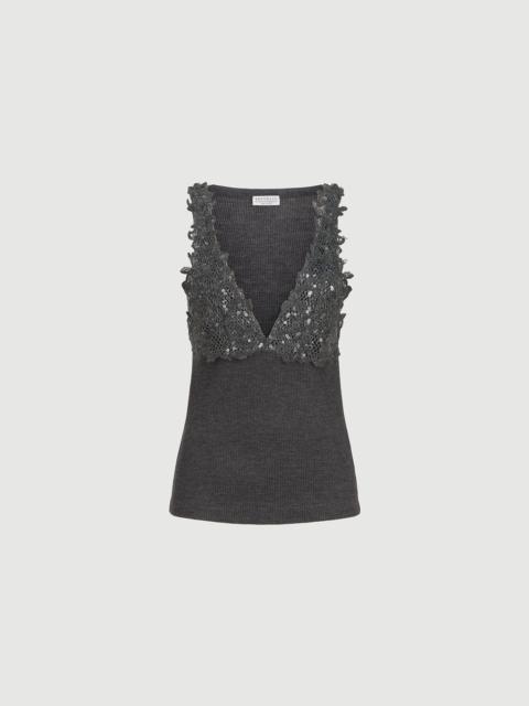 Brunello Cucinelli Ribbed wool jersey top with dazzling lace embroidery
