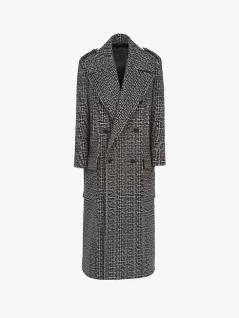 Balmain Long ivory and black Balmain monogram wool coat