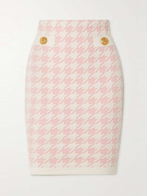 Button-embellished houndstooth jacquard-knit skirt