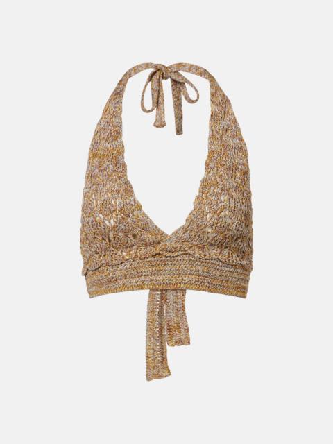 Valentino Open-knit linen-blend lamé crop top