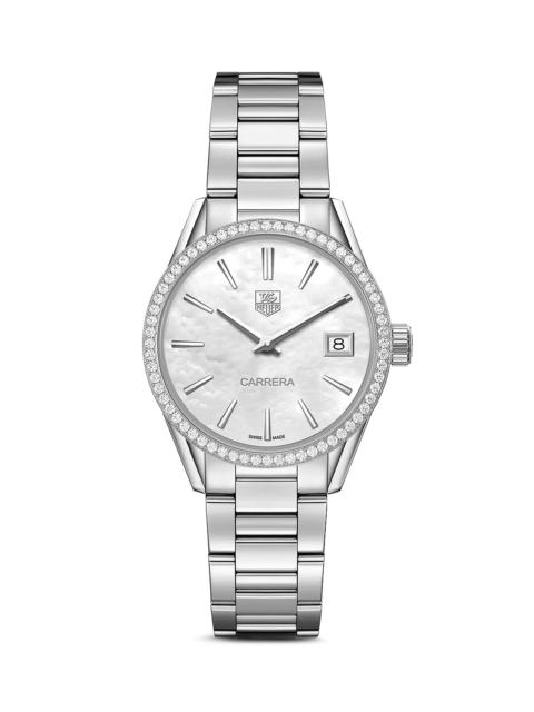 TAG Heuer Carrera Stainless Steel and White Mother of Pearl Dial Watch with Diamond Bezel Case, 32mm