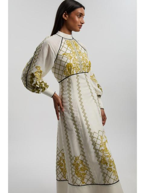 KAREN MILLEN Voile Embroidered Cutwork Balloon Sleeve Woven Maxi Dress