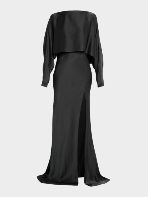 LAPOINTE Dolman-Sleeve Satin Cape Gown