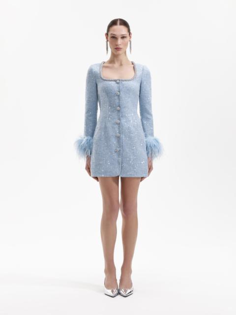 Blue Sequin Boucle Feather Mini Dress