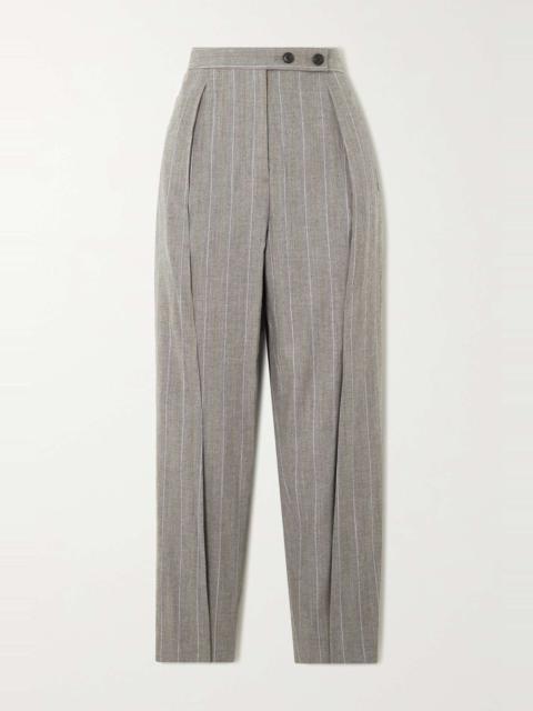 Cropped pleated pinstriped wool and cotton-blend tapered pants