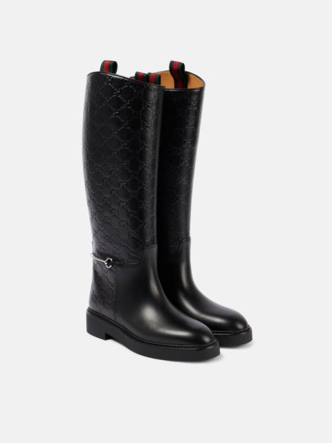 GUCCI Horsebit GG embossed leather knee-high boots