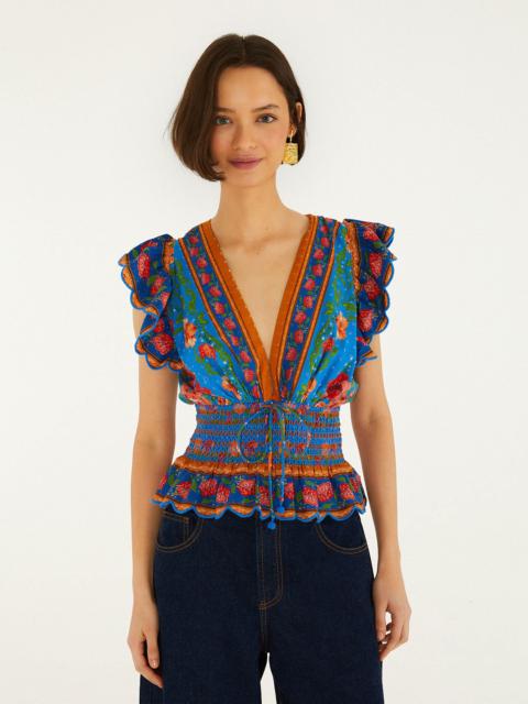 FARM RIO Bright Blue Rococo Flowers Blouse