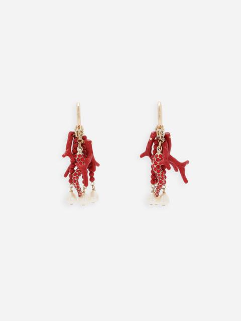 Creole earrings with horn, coral branches and pearls