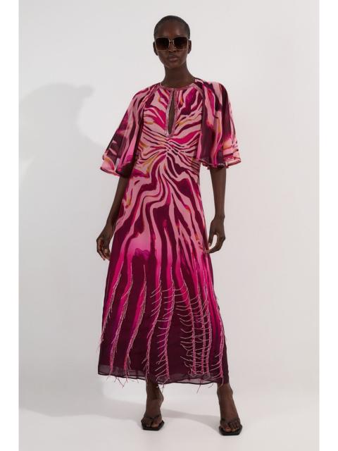 KAREN MILLEN Animal Print Georgette Embellished Short Sleeve Woven Maxi Dress