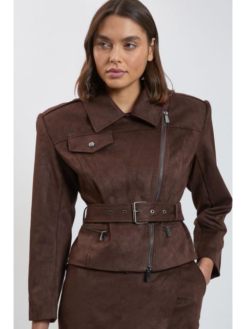 KAREN MILLEN Faux Leather Collared Tie Up Jacket