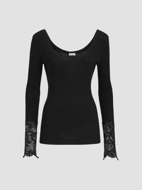 Brunello Cucinelli Women's Ribbed Wool Jersey Sweater with Dazzling Lace Embroidery Cuffs - Anthracite