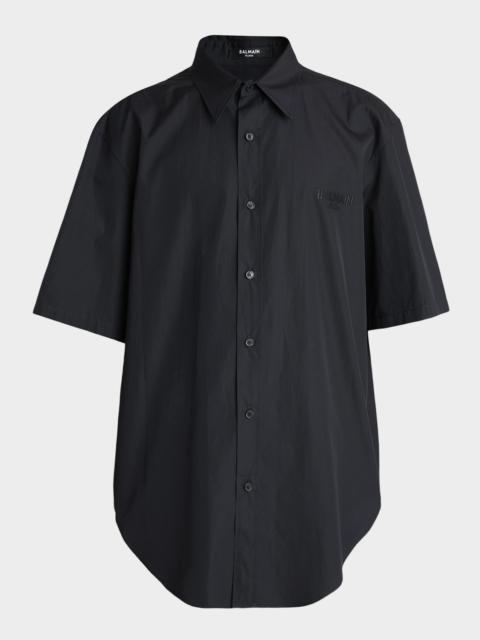 Balmain Men's Poplin Embroidered-Logo Oversized Short-Sleeve Shirt