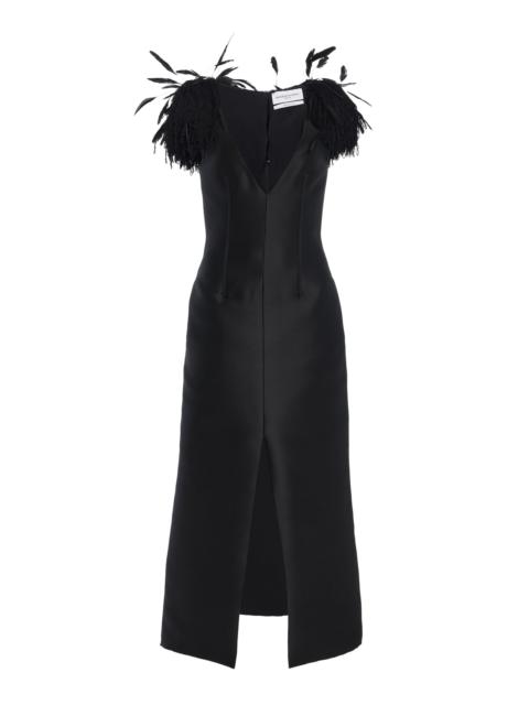 BRANDON MAXWELL The Reeve Feather-Trimmed Wool-Silk Midi Dress black