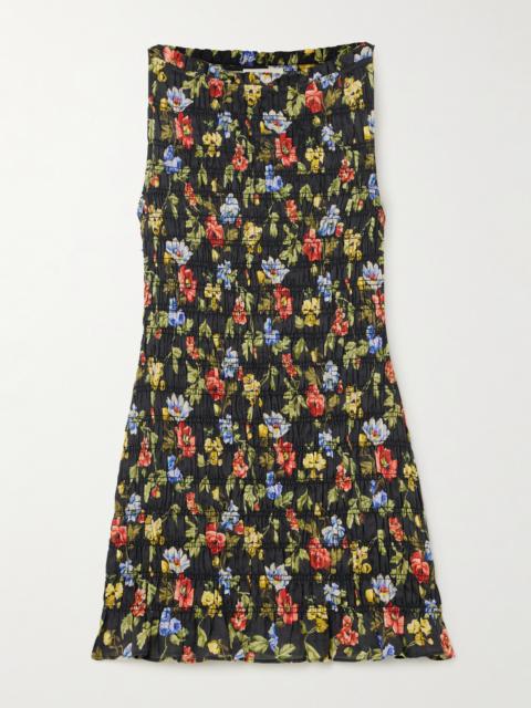DÔEN Gianna Shirred Floral-print Ramie Mini Dress