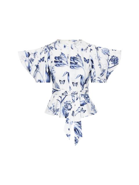 Oscar de la Renta FLORAL TOILE POPLIN PEPLUM BLOUSE