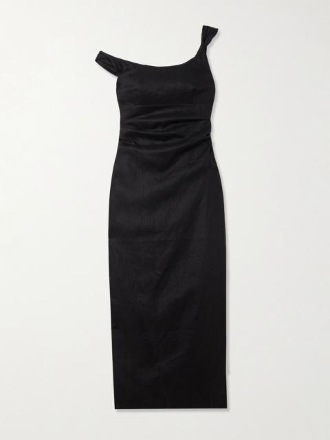 SIR. Twisted ruched linen midi dress Black