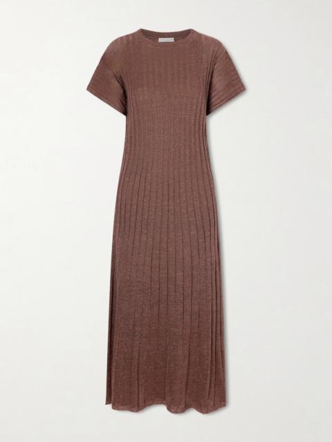 Brunello Cucinelli Metallic Ribbed-knit Midi Dress