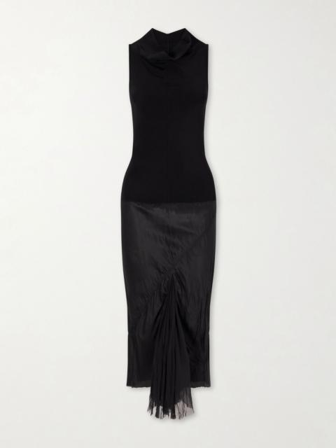 Rick Owens Sliced stretch-jersey and crinkled-satin midi dress Black