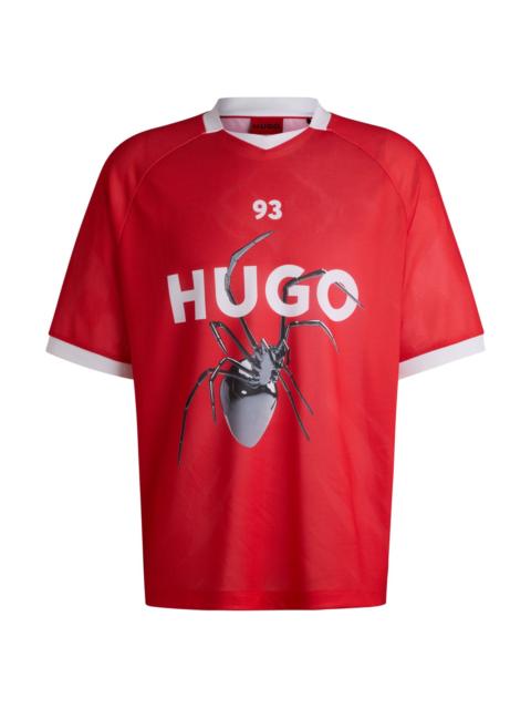 HUGO RELAXED-FIT FOOTBALL-STYLE MESH T-SHIRT WITH SEASONAL PRINT