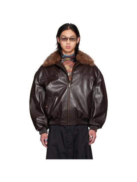 LU'U DAN Brown Faux-Leather Cargo Flight Jacket