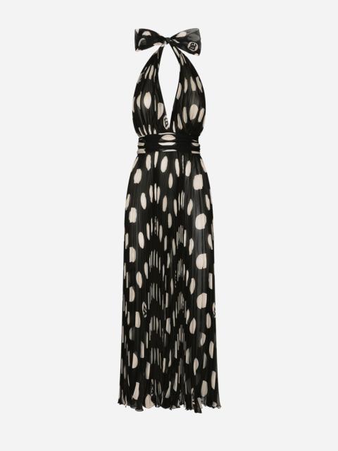 Pleated chiffon calf-length dress with polka-dot print