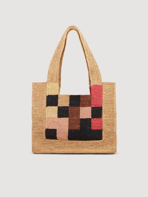 Sandro SMALL CHECKERBOARD RAFFIA TOTE BAG