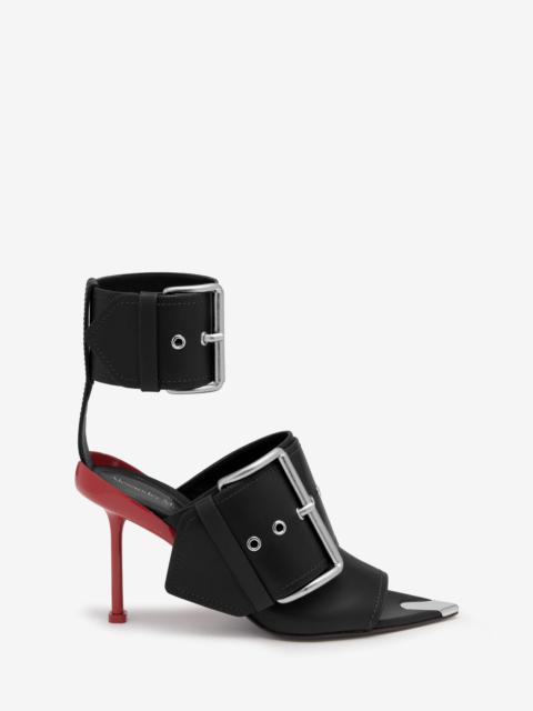 Alexander McQueen Women's Slash Buckle Sandal in Black/silver/blood Red