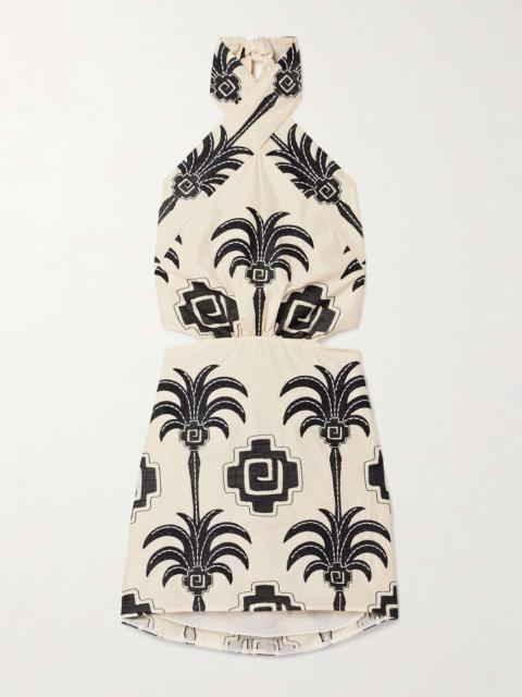 Johanna Ortiz Pintaderas cutout embroidered cotton-blend voile halterneck mini dress Cream