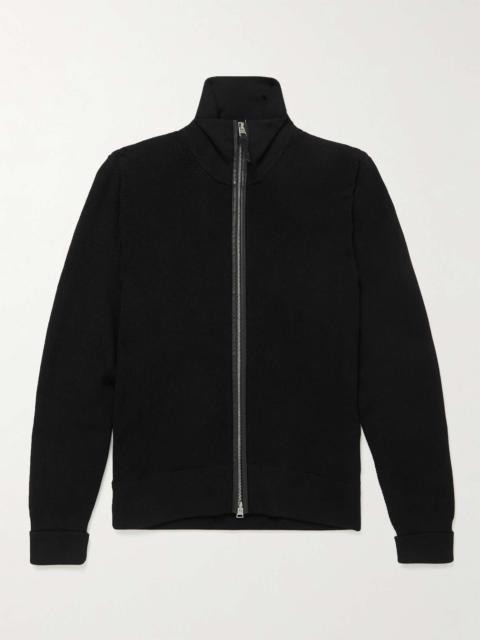 Slim-Fit Leather-Trimmed Wool Zip-Up Cardigan