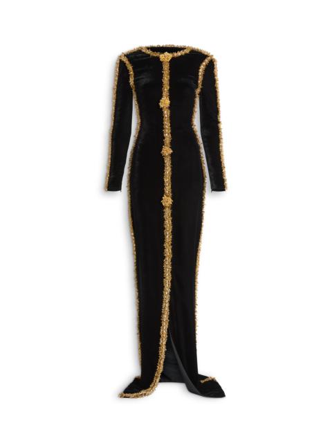 Balmain Long velvet dress with embroidered trim