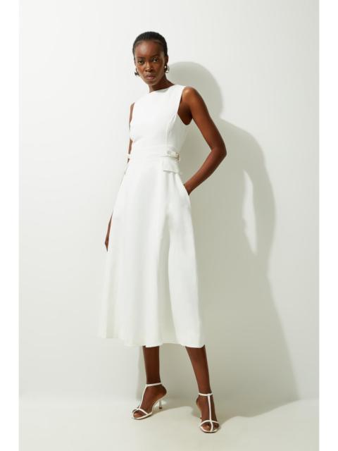 KAREN MILLEN Premium Linen Tab Waist Detail Full Skirt Tailored Midi Dress