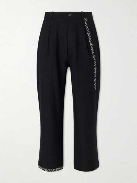 KARTIK RESEARCH Straight-Leg Pleated Embroidered Wool Trousers