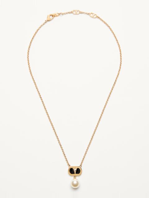 Valentino OVALETTE METAL NECKLACE WITH ENAMEL, CRYSTAL, AND SWAROVSKI® PEARL