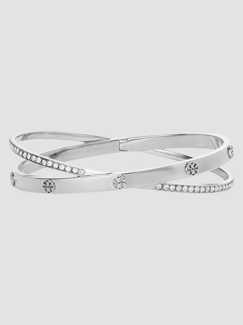 TORY BURCH Women's Icon 18K-Gold-Plated & Cubic Zirconia Interlocking Logo Bangle - Tory Silver Crystal