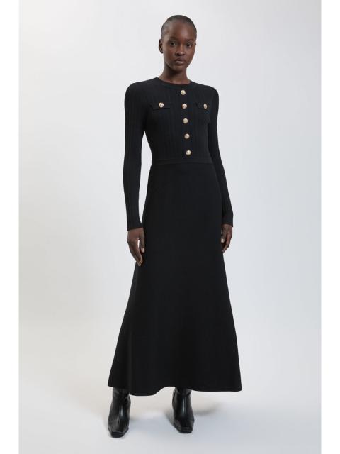 KAREN MILLEN Rib Knit Military Trim Long Sleeve Maxi Dress