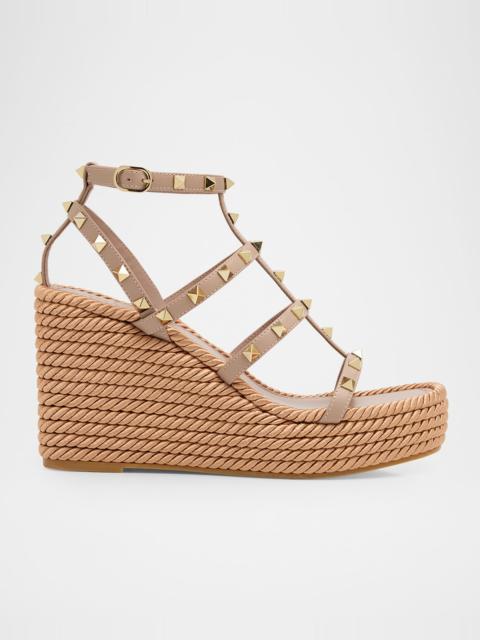 95mm Rockstud Leather Wedge Espadrille Sandals