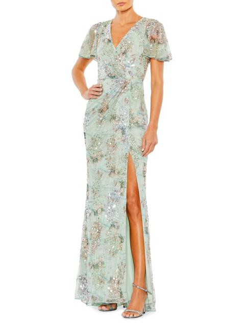 MAC DUGGAL Women's Embellished Flutter-Sleeve Wrap Gown - Sea Mist