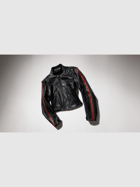 GUCCI Leather biker jacket with Web