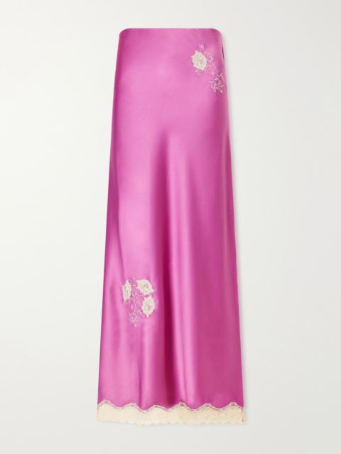 ANNA SUI Lace-trimmed embroidered satin maxi skirt Violet