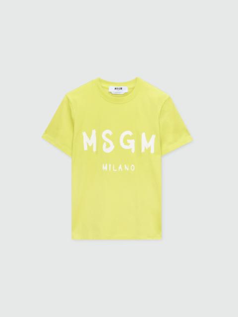 MSGM Lime short-sleeve cotton jersey T-shirt with brushed logo on the front