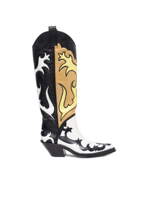 GABRIELA HEARST Hand Painted Capitana Cowboy Boot in Black, White & Yellow Leather