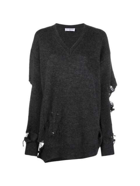 distressed V-neck jumper