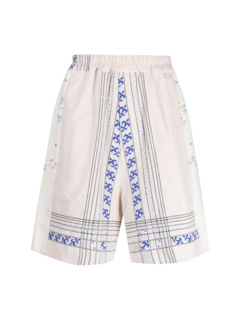 By Walid embroidered linen drop-crotch shorts