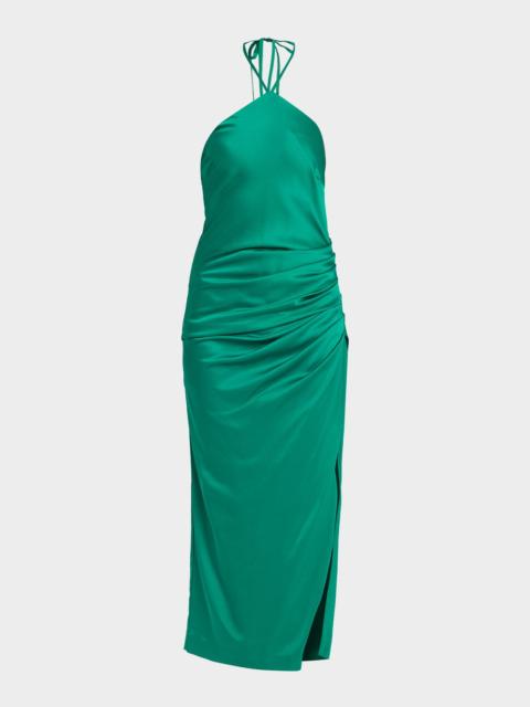 SIMKHAI Hansel Ruched Satin Halter Maxi Dress