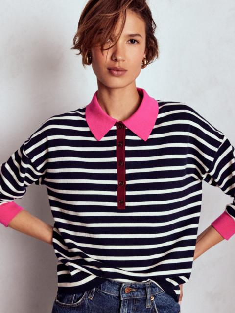 BODEN Lara Cotton Henley Jumper-Navy Stripe