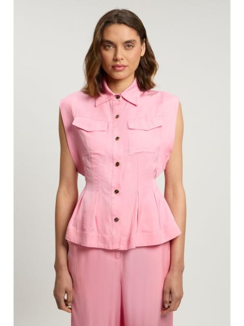 KAREN MILLEN Premium Viscose Linen Topstitch Woven Blouse With Waist Seam Detail